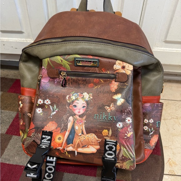 Nicole Lee Handbags - Nikky by Nicole Lee Brown and Green Backpack with Floral Design